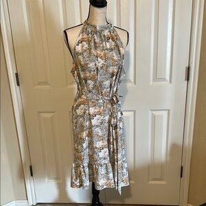 Dreamy Floral Halter Neck Dress in grey, rust and white tie waste silky material